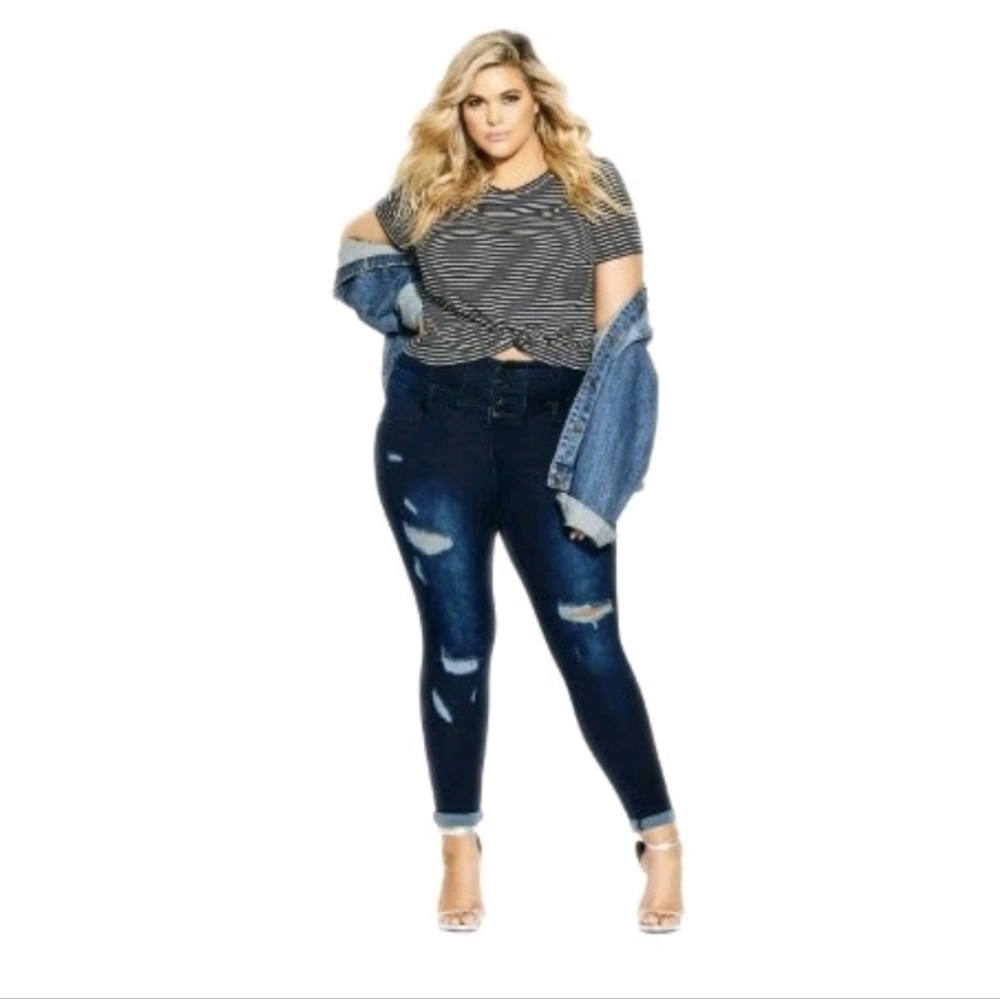 City Chic Asha Corset Jeans Dark Wash Ripped NWT 12 SHORT